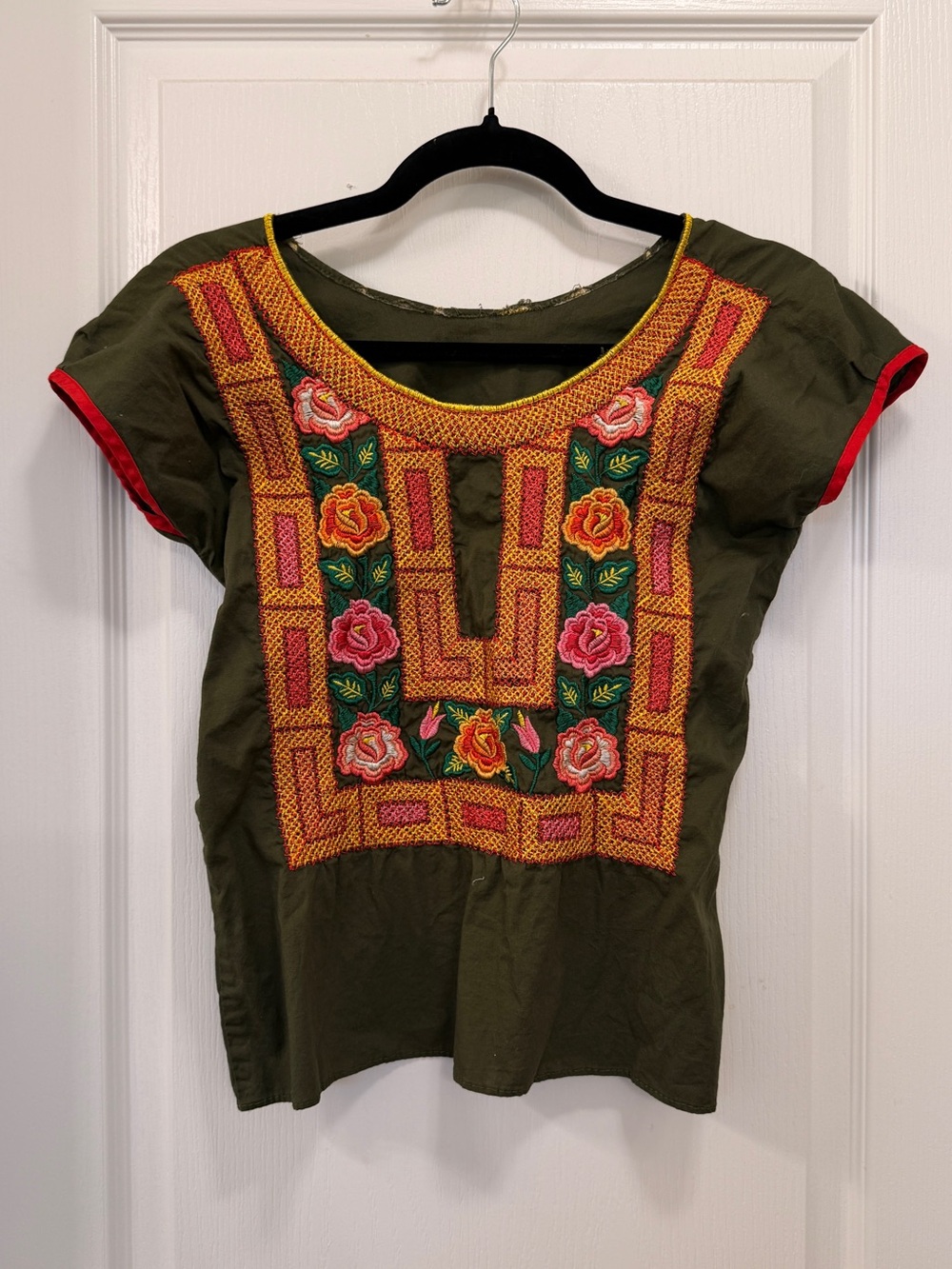 Hand Embroidered Mexican Floral Huipil Blouse Oaxaca Folk Art Top